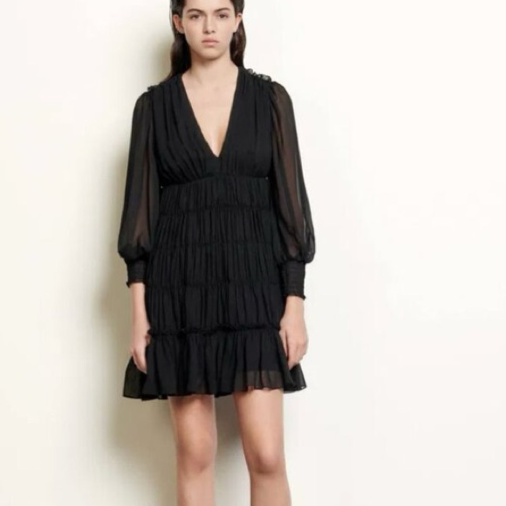 Sandro black ruffle tiered mini dress